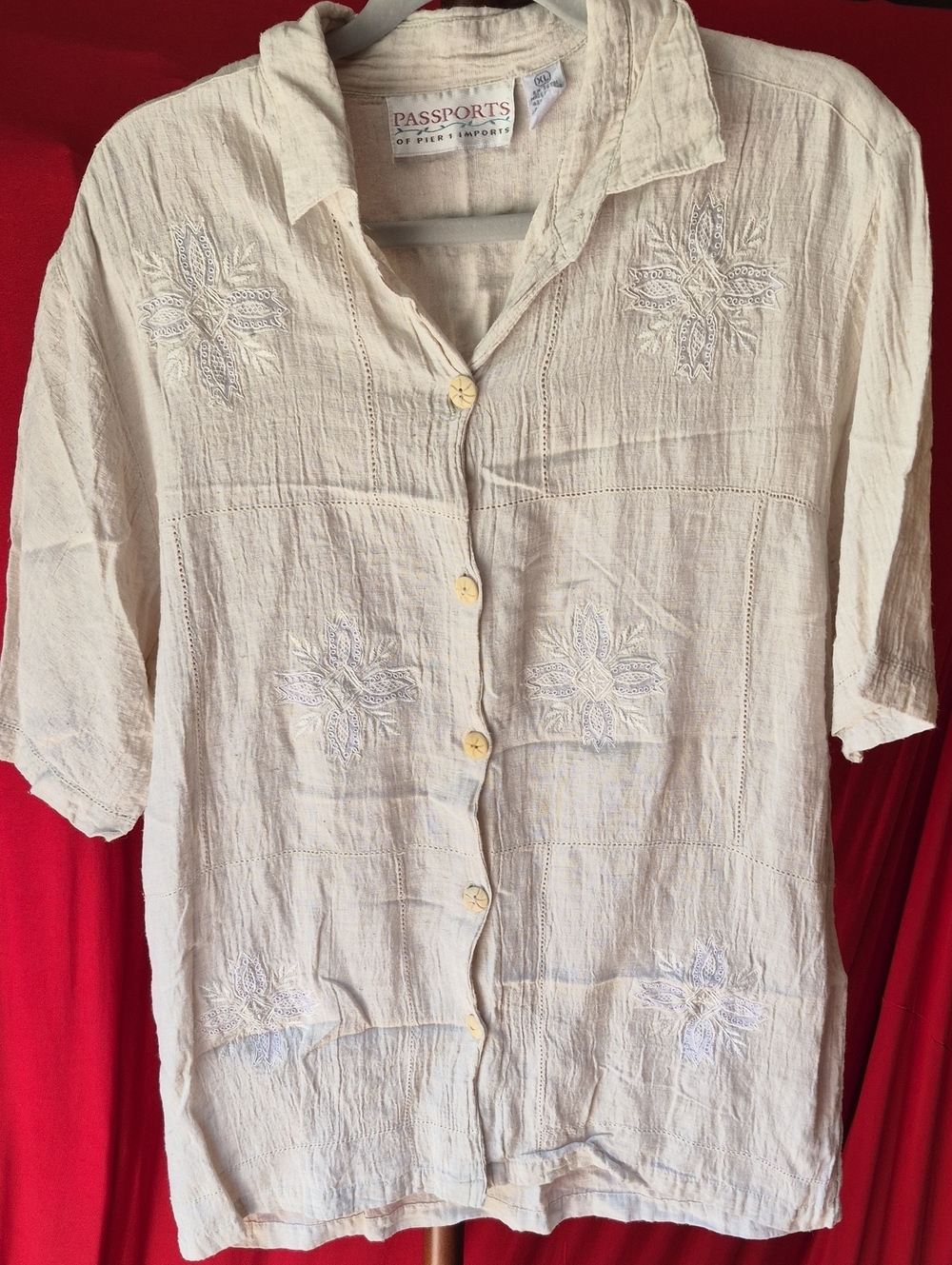 Vintage Passport Cream Embroidered Button-Front Shirt SizeXL